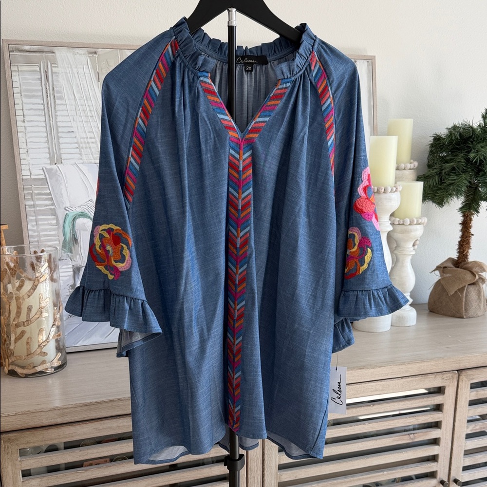 Calessa Blue Embroidered Chambray Peasant Blouse